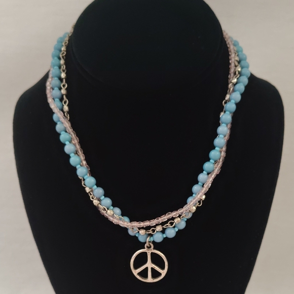 Jewelry - Multi-Strand Turquoise Beaded Necklace with Peace Pendant